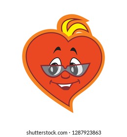 Vector illustration of the character heart boy terrible in sunglasses. Fiery flame of love in the children's picture of the animation character.