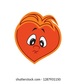 Vector illustration of the character of a heart of the boy sad. Fiery flame of love in the children's picture of the animation character.