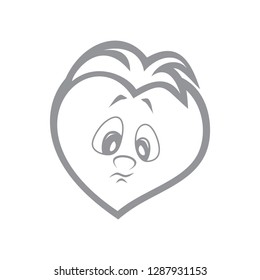 Vector illustration of the character of a heart of the boy sad. Fiery flame of love in the children's picture of the animation character. Monochrome.