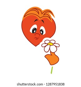 Vector illustration of the character of a heart of the boy sad holds a camomile and looks at it. Fiery flame of love in the children's picture of the animation character.