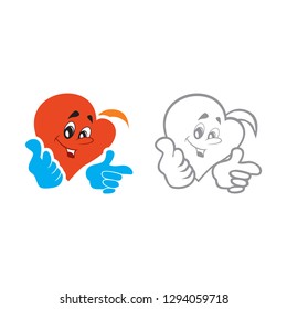 Vector illustration of the character heart boy points a finger aside. Set of vector symbols. Fiery flame of love in the children's picture of the animation character. Flat design Monohrome