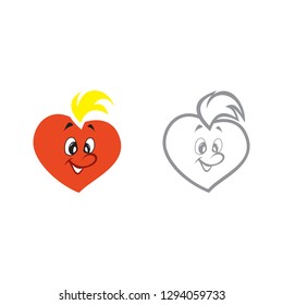 Vector illustration of the character heart boy. Set of vector symbols. Fiery flame of love in the children's picture of the animation character. Flat design Monohrome