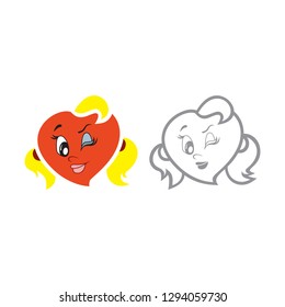 Vector illustration of the character heart girl with two tails.. Set of vector symbols. Fiery flame of love in the children's picture of the animation character. Flat design Monohrome