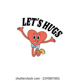 Vector illustration character- heart with happy face ìn retro style and typography quote. Groovy sticker with plant for print