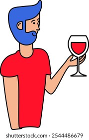 Vector illustration of a character holding a glass of red wine in an outline cartoon style. Exquisite wine culture, tastings. A visitor enjoys variety of vintages at the Wine festival