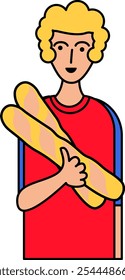 Vector illustration of a character holding a traditional French baguettes in outline cartoon style. Traditional French bakery