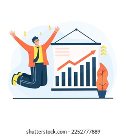 vector illustration.man character jumping for fun,graphics and data on increasing trade stock investment.modern business and economy flat design concept,white background