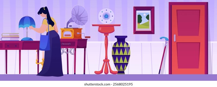 Vector illustration of a character looking at retro goods in an antique shop. Pawn shop with art objects: gramophone, tables, vase, plate, painting. Woman buying vintage items. Flat style.