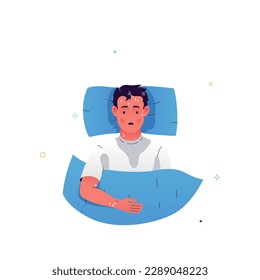 Vector illustration of a character lying in bed with flu symptoms. The man woke up with profuse sweating. Symptoms of a cold, diabetes, thyroid disease, cancer. Illustration for medical posters. 