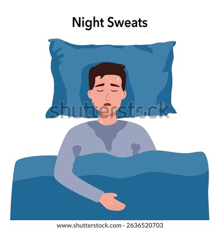 Vector illustration of a character lying in bed with flu symptoms. The man woke up with profuse sweating. Symptoms of a cold, diabetes, thyroid disease, cancer. Illustration for medical posters.