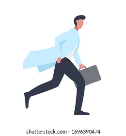 Vector illustration of a character of a male doctor in a medical gown running with a briefcase in his hand. It represents a concept of doctors work, medical protection and health safety