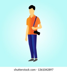 Vector illustration character man with camera. Cartoon flat design.