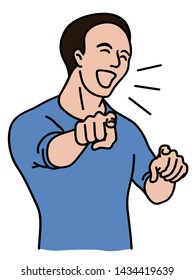 Vector illustration character of man pointing finger at you, laughing in bully manner. Linear, thin line art, hand drawn sketch design, simple style. 
