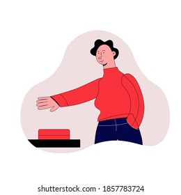 
vector illustration - a character man presses with his hand a red button in a flowing frame. Business solutions and success concept. The human guy makes a choice. 
Start a project. Flat style.