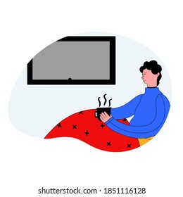 
vector illustration - character man sitting at home and watching TV. Watching the series with the blanket and cup of coffee. Cozy winter Christmas weekend. Flat style with disproportions