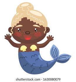 Vector illustration of a character, mermaid, little girl. A black-skinned mermaid with a blue tail and blond hair smiles and laughs. For greeting cards and design.