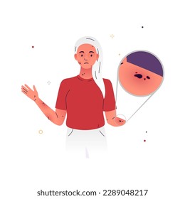 Vector illustration of a character with moles all over his body. The woman has moles on her body, they are of unusual size and texture. Symptoms of hormonal imbalance, infection in the body, cancer