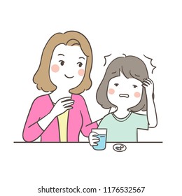 Vector illustration character mother take care daughter Girl headache and taking pill.Isolated on white color.Draw doodle cartoon style.