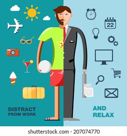 Vector illustration with character in the office and on vacation with icons set on blue background.
