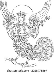 Vector illustration with a character of old Russian fairy tales is the Alkonost bird, the Sirin bird