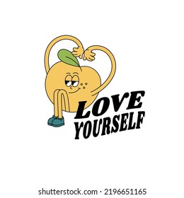 Vector illustration character- peach with happy face ìn retro style and typography quote. Groovy sticker with plant for print