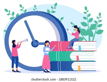 Ilustración vectorial Personajes leyendo cerca del gran reloj y los libros, Tiempo de estudiar, disfrutar de un buen libro, estudio, educación, estudio. Alertas de conocimiento, plazos, recordatorios, relojes de alarma, programas.