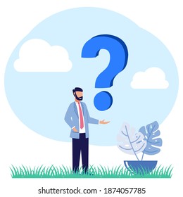 Vector illustration, character of person in formal suit, illustration of question and answer concept around exclamation point and question mark, answers to metaphorical questions.