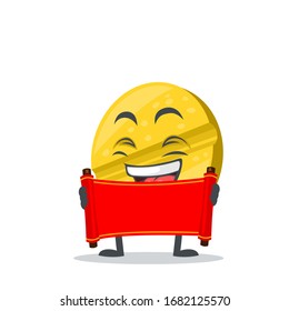 vector illustration of character or pill mascot holding blank red scroll