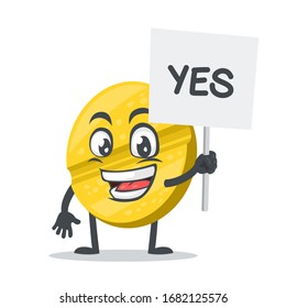 vector illustration of character or pill mascot holding sign says yes