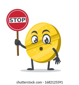 ilustración vectorial del símbolo de retención de mascota de caracteres o pastillas dice stop