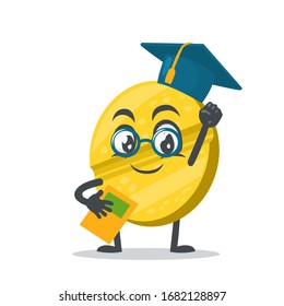 vector illustration of character or pill mascot wearing graduation hat and holding book