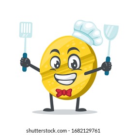 vector illustration of character or pill mascot wearing chef hat and holding spatula