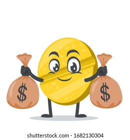 vector illustration of character or pill mascot holding sacks of money