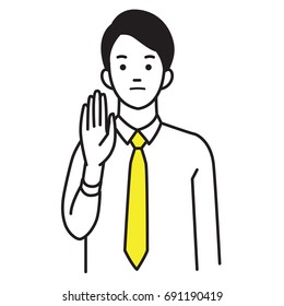 Vector illustration character portrait of businessman, raising hand, palm stretch forwards, body language saying no, stop, or negative expression emotion. 