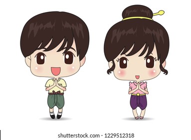 Vector illustration character portrait of full length of Thai Boy Dress and Thai Girl Dress standing and praying, this is traditional Thai greeting manner in Thailand.