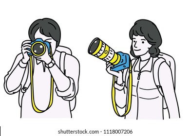 Vector illustration character portrait of male and female photographers, cameraman, holding camera in hand with carrying bag. Outline, linear, thin line art, sketch design, simple style.