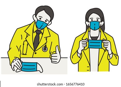 Retrato de personaje de ilustración vectorial de médico masculino y femenino, sosteniendo y presentando mascarilla quirúrgica al llevar una campaña de máscara contra el polvo o el virus del brote. Esquema, lineal, estilo de línea.