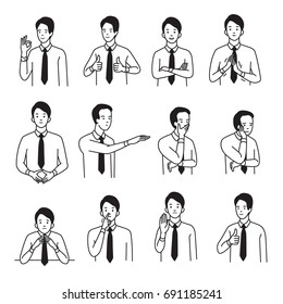 Vector illustration character portrait set of businessman with various hand sign body language and emotion expression. Outline, hand draw sketching style, black and white design.