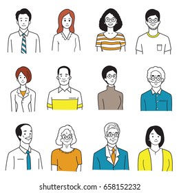 Vector illustration character portrait of smiling people, various, group, multi-ethnic, diversity, many nationalities, generation. Simple hand draw, sketch, doodle, cartoon, and color style.