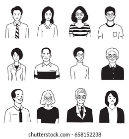 Vector illustration character portrait of smiling people, various, group, multi-ethnic, diversity, many nationalities, generation. Hand draw, sketch, doodle, cartoon, balck and white color style.