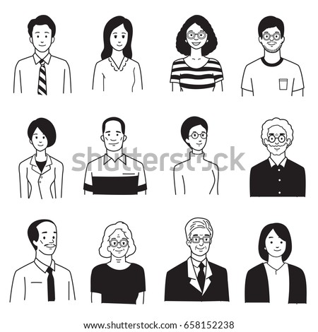Vector illustration character portrait of smiling people, various, group, multi-ethnic, diversity, many nationalities, generation. Hand draw, sketch, doodle, cartoon, balck and white color style.