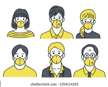 Vector illustration character portrait of various people, man woman, young and old, wearing mask to protecting bad dusk pollution. Linear, line, sketch, simple style.