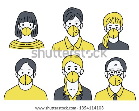 Vector illustration character portrait of various people, man woman, young and old, wearing mask to protecting bad dusk pollution. Linear, line, sketch, simple style.