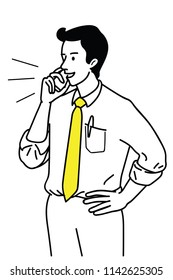 Vector illustration character portrait of young businessman, holding and talking on smartphone. Outline, linear, thin line art, hand drawn sketch design, simple style.