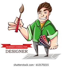 Vector illustration of a character as a profession designer. Cartoon image of an artist, designer isolated on white background. A bright character logo for advertising.