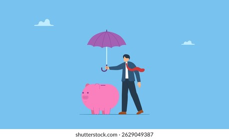 La Ilustración vectorial de carácter protege las finanzas de las huchas mediante un seguro contra la pérdida de dinero. Concepto de seguro financiero, negocio y finanzas.