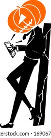 Vector illustration character. pumpkin business silhouette with poses counting money and white background