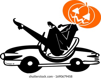 Vector illustration character. pumpkin business silhouette with poses hobby of riding a classic carand white background