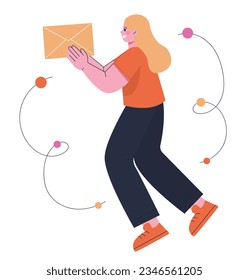 Ilustración vectorial. El personaje recibe o envía una carta en un sobre mientras se comunica con personas de todo el mundo. Concepto de correo y correspondencia