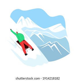 Vector illustration with character rolling down slope on sled against panorama of snowy mountain peaks. Concept ski resort, outdoor activities, winter sports.